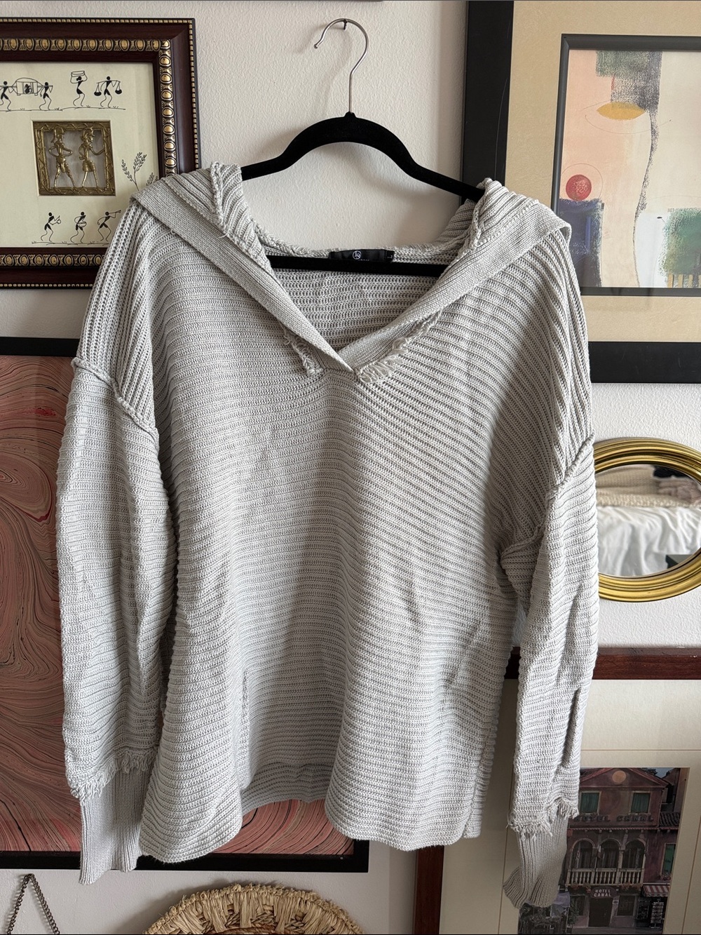 Light Gray V-Neck Hooded Knit Sweater - Women's Casual Pullover